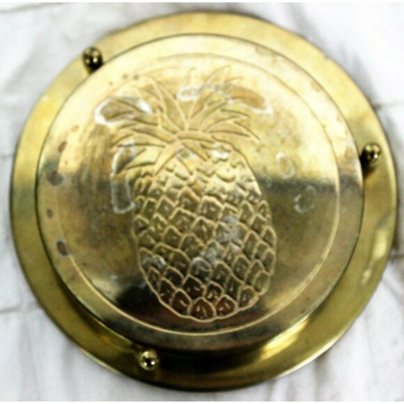 Set of 6 VTG Pineapple Etched Drink Coasters & Stand Gold Metal Barware Table - Picture 1 of 9